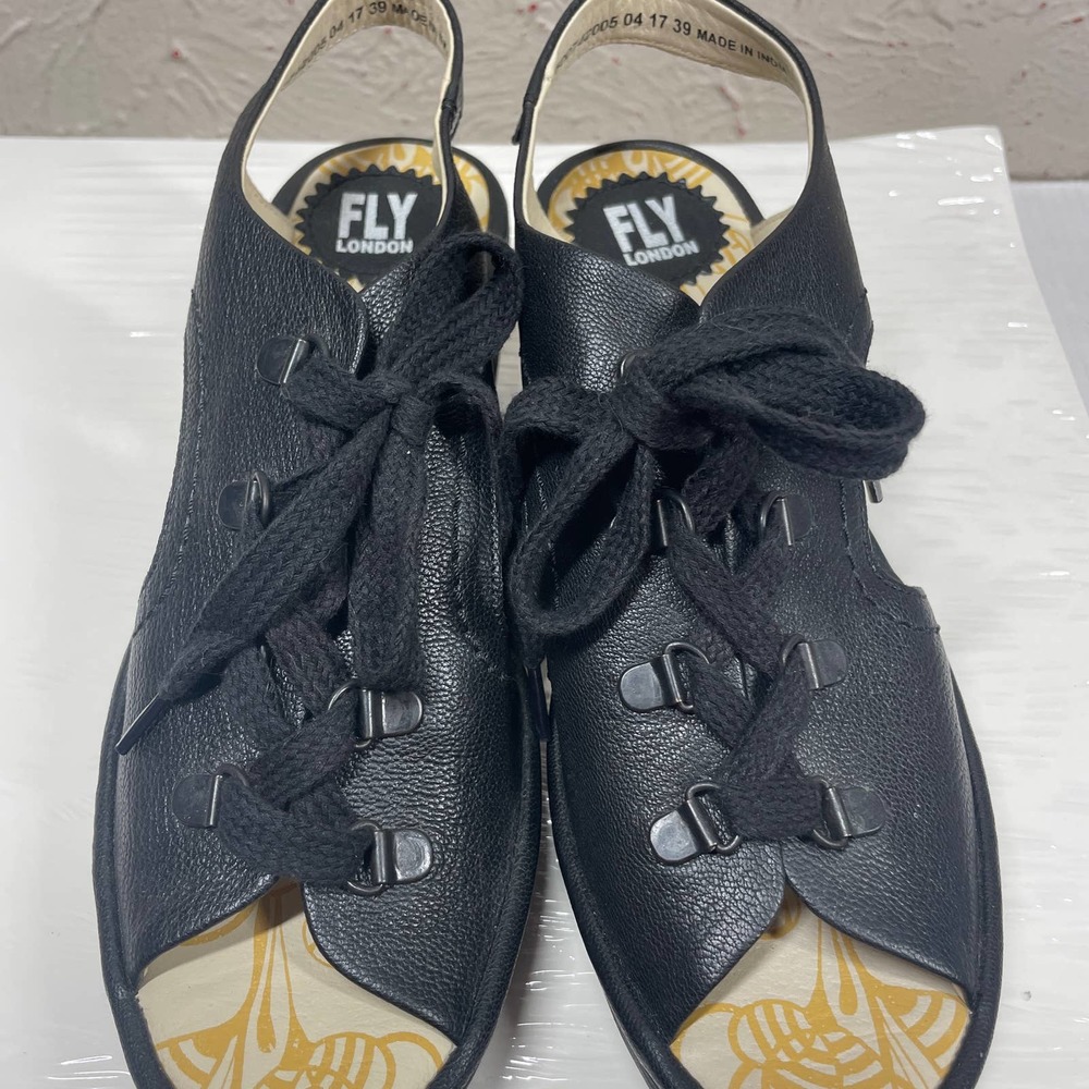 FLY London Black Yfla Leather Lace Up Sandal Wedges Lace Sz 39 8/8.5 US